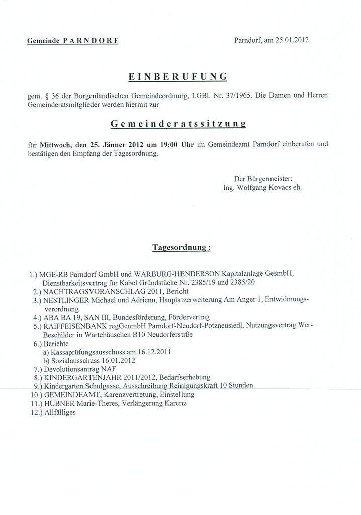 Tagesordnung Gemeinderatssitzung