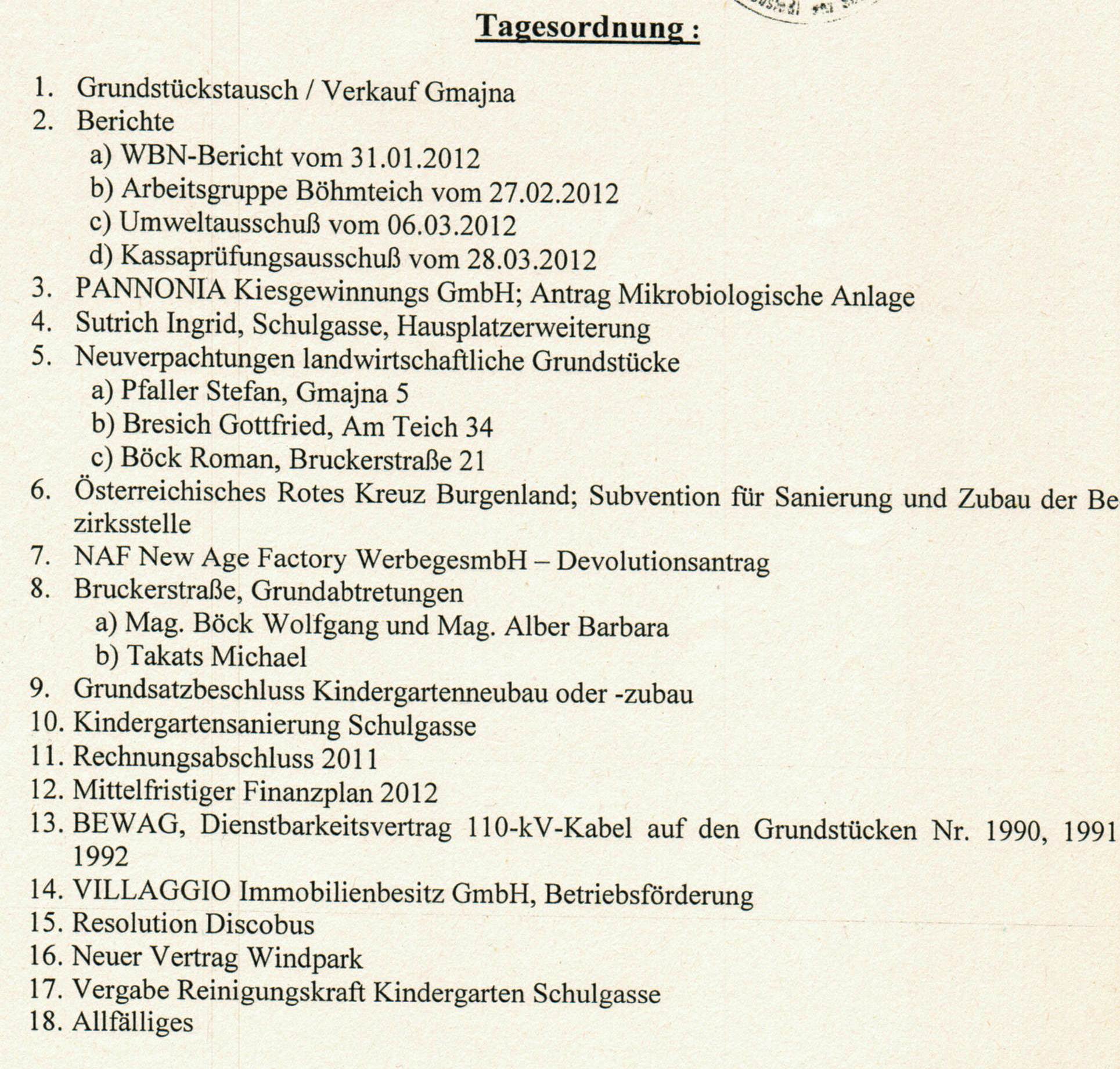 Tagesordnung Gemeinderatssitzung